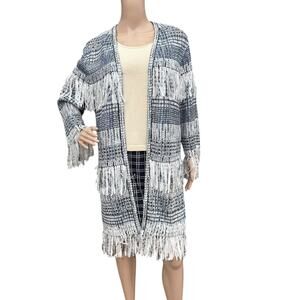 ST JOHN COUTURE 2018 Spring Navy White Fringe Sequin Boucle Duster Jacket Sz 6